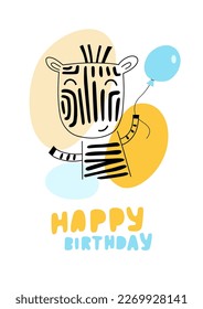 Happy birthday greeting card with cute zebra. Vector illustration for kids design.