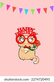 Happy birthday greeting card with cute cat vector