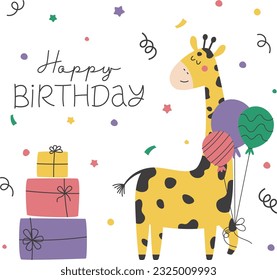 Happy Birthday greeting card. Cute vector design with a giraffe, balloons and gifts