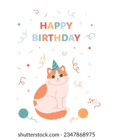 Happy Birthday greeting card with cute cat in party hat. Party, celebration, confetti. Vector illustration in flat style