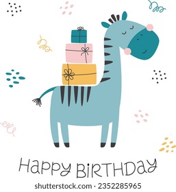 Happy birthday greeting card with a cute zebra and gifts. Template for greeting card, poster, invitation	