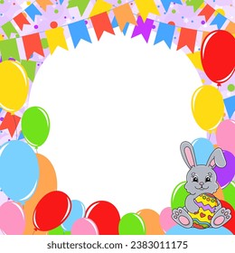 Happy birthday greeting card with a cute cartoon character. With copy space for your text. Picture on the background of bright balloons, confetti and garlands. Vector illustration.