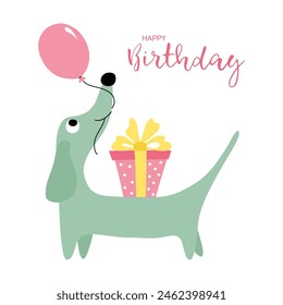 Happy birthday. A greeting card with a cute light green dachshund, a gift and an inflatable balloon. Vector illustration with isolated elements on a white background.