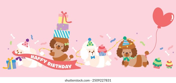 Alles Gute zum Geburtstag Grußkarte mit niedlichen Pudel Welpen Hund, flach und bunte Illustration.