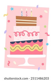Happy birthday greeting card. Cute colorful party cake with candles. Vector illustration template