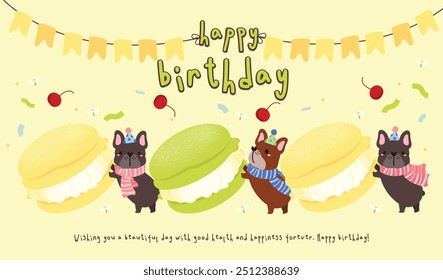 Happy birthday greeting card with cute french bulldog puppy dog, flat and colorful illustration.