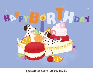 Happy birthday greeting card with cute dalmatian puppy, flat and colorful illustration.
