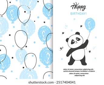 Tarjeta de felicitación del feliz cumpleaños con el oso panda lindo y los globos. Ilustración vectorial