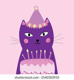 Happy birthday greeting card, cute cat with candles decorated cake, text "Happy Birthday". For birthday invitations. For flyers, posters, banners, brochures.