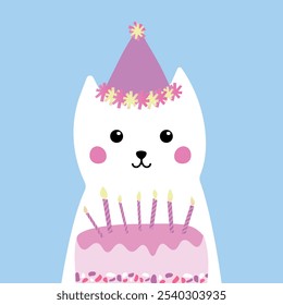 Happy birthday greeting card, cute dog with candles decorated cake, text "Happy Birthday". For birthday invitations. For flyers, posters, banners, brochures.