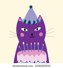 Happy birthday greeting card, cute cat with candles decorated cake, text "Happy Birthday". For birthday invitations. For flyers, posters, banners, brochures.