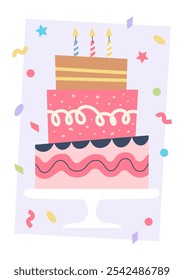 Happy birthday greeting card. Cute colorful party cake with candles. Vector illustration template