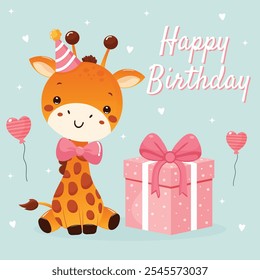 Happy Birthday greeting card with cute baby giraffe