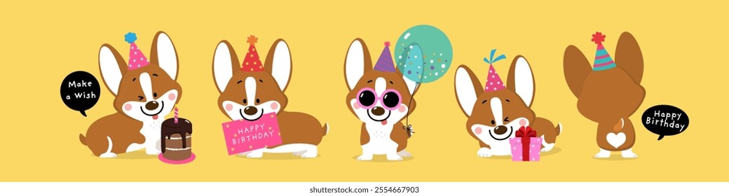 Happy birthday greeting card with cute corgi puppy dog, party hat, cake, gift and balloon. Animal cartoon characters. -Vector