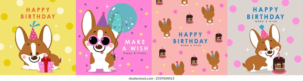 Happy birthday greeting card with cute corgi puppy dog, party hat, cake, gift and balloon. Animal cartoon characters. -Vector