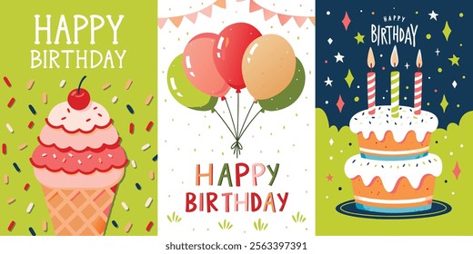 Happy Birthday greeting card with cute balloons, ice-cream, cake and colorful confetti vector illustration set