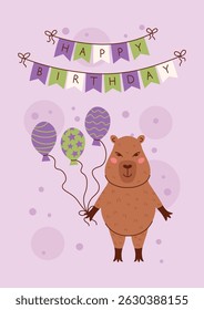 Feliz aniversário cartão de cumprimentos com capivara bonito e balões para crianças. Vetor pastel plana mão desenhado cartão postal, etiqueta com caráter animal para a festa, scrapbooking.
