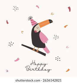Happy Birthday greeting card with cute bird toucan and colorful confetti. Happy Birthday creative card or poster design.