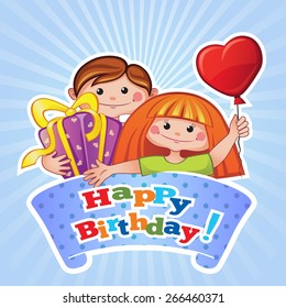 Happy birthday greeting card. Cute little girl and boy with gift and balloon