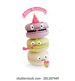 Happy Birthday Greeting Card With Cute Macaroon Characters.