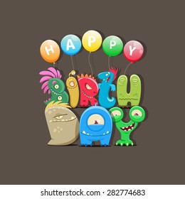 Happy Birthday greeting card with cute cartoon monsters