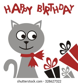 Happy birthday greeting card with cute cat and gifts vector illustration