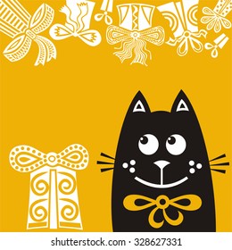 Happy birthday greeting card with cute cat and gifts vector illustration