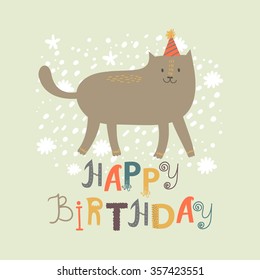 Happy birthday greeting card with cute cartoon cat. vector illustration
