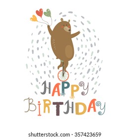 Happy birthday greeting card with cute cartoon bear on bicycle and with balloons. vector illustration