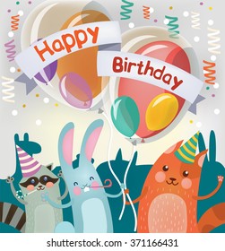 Happy Birthday Greeting Card with Cute Animals for Children Party. Vector illustration