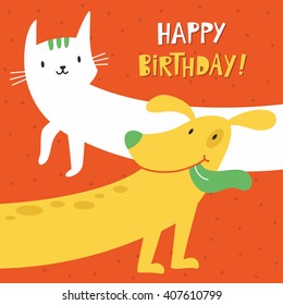 Happy Birthday Greeting Card With Cute Cat And Dog