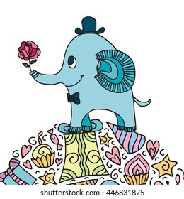 Happy birthday greeting card with cute cartoon elephant. Vector illustration.