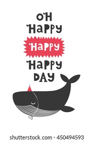 Happy Birthday greeting card with cute whale. Vector illustration.