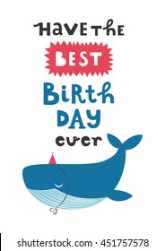 Happy Birthday greeting card with cute whale. Vector illustration.