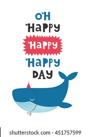 Happy Birthday greeting card with cute whale. Vector illustration.
