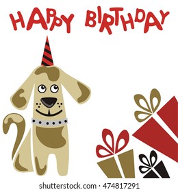Happy birthday greeting card with cute cartoon dog. Vector illustration.