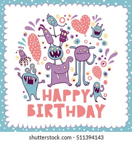 Happy Birthday Greeting Card Cute Monsters Stock Vector (Royalty Free ...