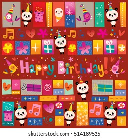 Happy Birthday greeting card with cute panda bears and birds