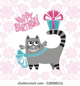 Happy birthday greeting card with cute cartoon cat and gift. Vector illustration.