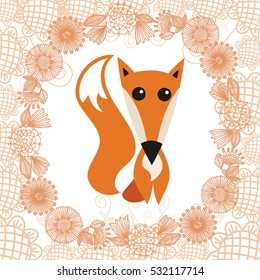 Happy birthday greeting card with cute cartoon fox. Vector illustration.