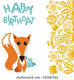Happy birthday greeting card with cute cartoon fox. Vector illustration.