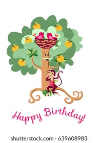 Happy birthday greeting card with cute cartoon apple tree and funny monkey. Vector illustration.