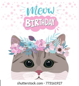 Happy Birthday greeting card with cute cat in flower. Editable vector illustration