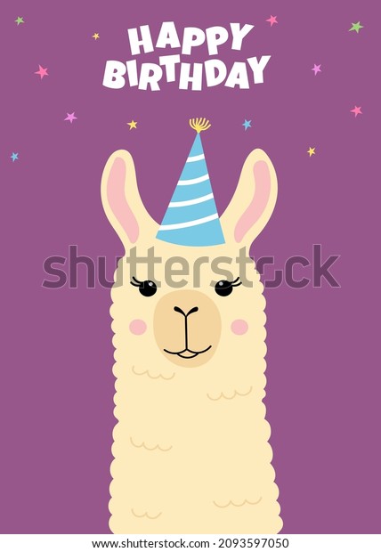 Happy birthday greeting card with cute llama\
head. Funny alpaca with birthday hat. Template for nursery design,\
poster, birthday card, invitation, baby shower and party decor.\
Vector illustration