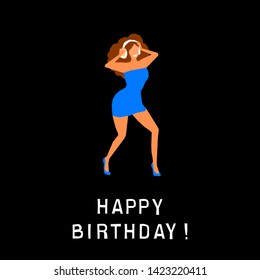 Happy birthday greeting card. Happy dansing bright colored adult woman for design birthday card, modern pop party invitation, fashion shop sale advertising, bag print, holiday wallpaper, t shirt etc.
