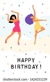Happy birthday greeting card. Happy dansing bright colored adult woman for design birthday card, modern pop party invitation, fashion shop sale advertising, bag print, holiday wallpaper, t shirt etc.