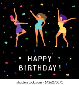 Happy birthday greeting card. Happy dansing bright colored adult woman for design birthday card, modern pop party invitation, fashion shop sale advertising, bag print, holiday wallpaper, t shirt etc.