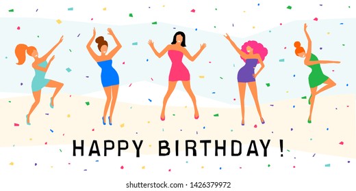 Happy birthday greeting card. Happy dansing bright colored adult woman for design birthday card, modern pop party invitation, fashion shop sale advertising, bag print, holiday wallpaper, t shirt etc.