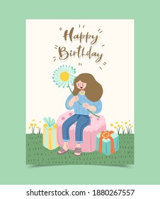 Happy birthday greeting card decorated with girl and gift box