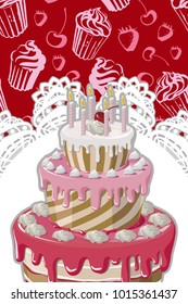 Happy birthday greeting card. Decorative frame with openwork round border, paper doily under the pie. tiered cake with pink icing, whipped cream, cherry and candles